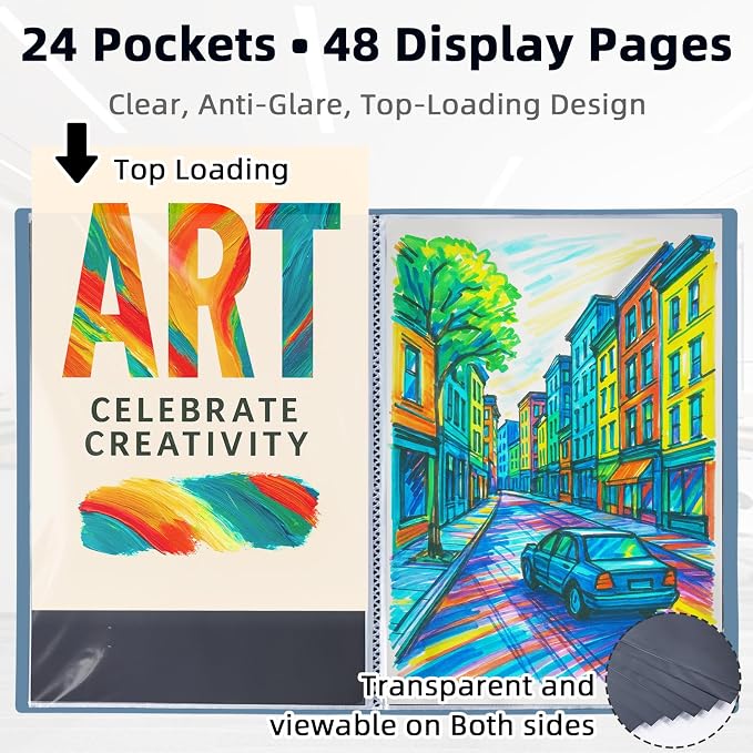 18x24 Blue Art Portfolio Folder Displaying 48 Pages With Plastic Sleeves | 24-Pocket Presentation Book Binder For Artwork Storage Featuring Dark Inner Paper Inserts Protective Document Archival Holder - Image 3