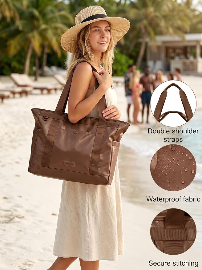 FHELAD Extra Large Glossy Tote Bag for Women, Beach Shoulder Bag 25L | Waterproof Sandproof, 15.6" Laptop Compartment, Luggage Strap, Work, Travel - Image 3