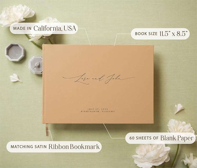 Personalized Guestbook in Tan - Premium Tan Leatherette Custom Modern Guest Book for Wedding Reception, Birthday Party or Events w/Bookmark Blank Pages for Signing, Large 11.5 x 8.5 inches - Image 3