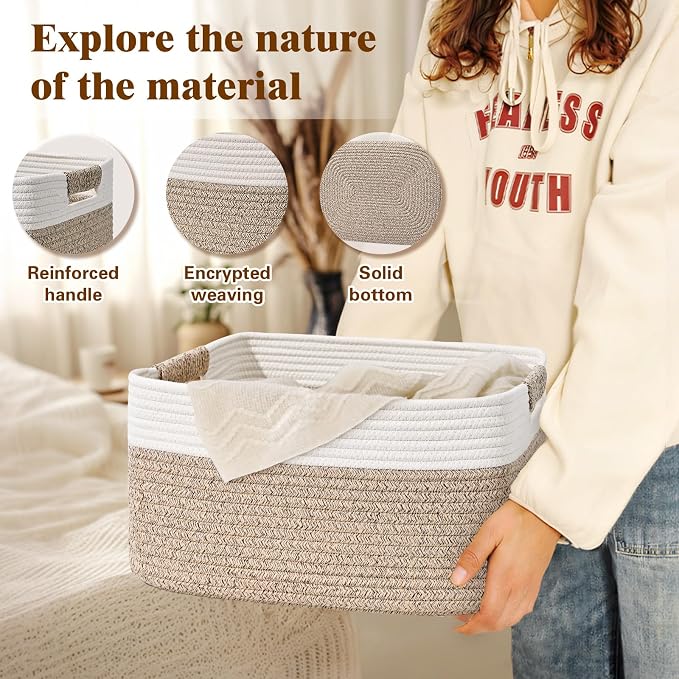 3 Pack Large Storage Basket for Organizing, 17.5"x13"x7" Woven Basket for Shelves, Closet Cube Storage Bins with Wrapped Handle, Cotton Rope Baskets for Kitchen, Clothes, Toys(Off White & Brown) - Image 5