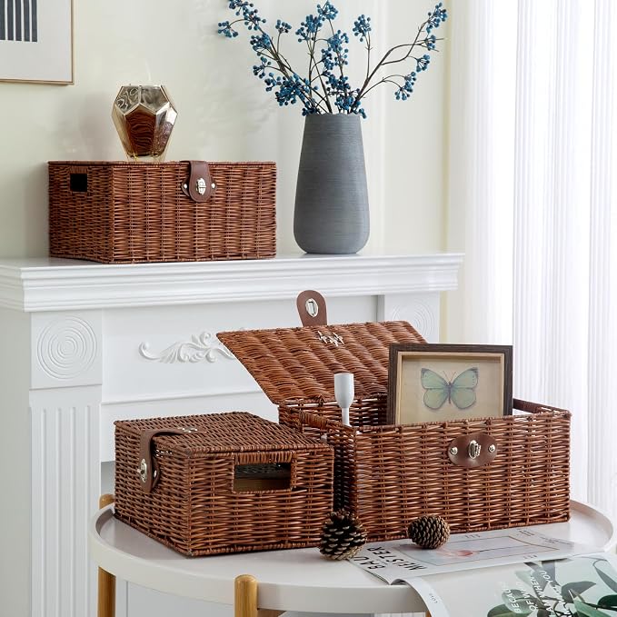 Set of 3 Woven Wicker Storage Basket Box with Lids & Lock, Built-in Carry Handles, Multifunctional Storage Organizer for Nursery, Baby, Toys, CLoset, DVD Large/Medium/Small Size (Natural) - Image 4