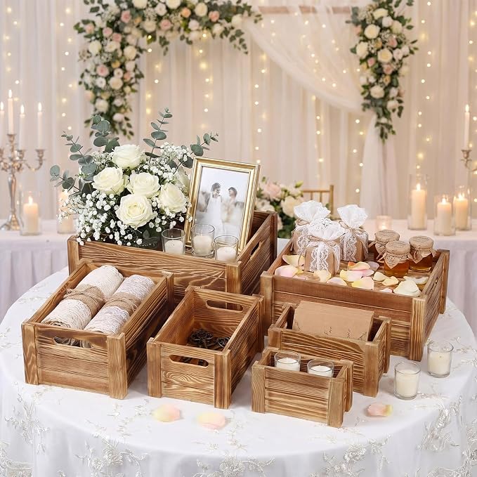 AceOrbit 6 Pcs Decorative Wood Crates for Storage Display 6 Size Rustic Nesting Crates with Handle Farmhouse Wooden Container Boxes for Wedding Bride Shower Party Market Farmers Decor(Wood Color) - Image 3