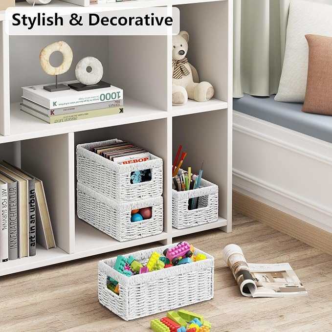 Wicker Storage Basket, Set of 2 Hand Woven Wicker Baskets for Organizing with Handles, Decorative Small Storage Bins for Countertop Toilet Paper Basket for Toilet Tank Top Shelves, White - Image 8