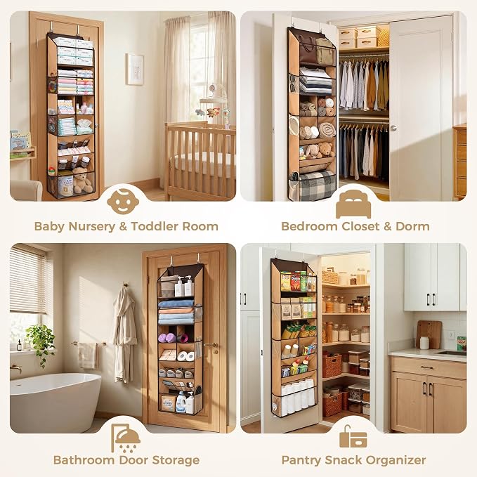 6-in-1 Over Door Hanging Organizer with 12 Mesh Pockets, 44 lbs Capacity, Light Brown – Versatile Behind Door Storage for Baby Nursery, Newborn Essentials, Bedroom, Bathroom & Dorm - Image 6