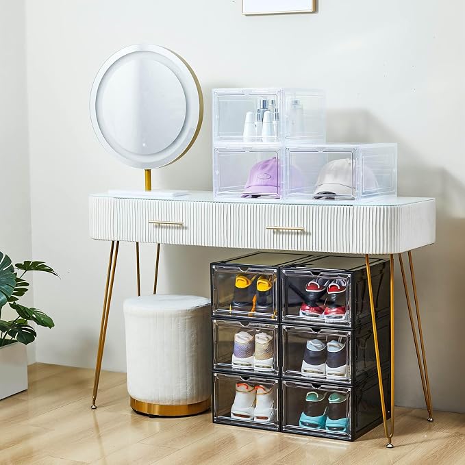 ZLLZUU Shoe Shoe Storage Boxes, 6 Pack Stackable Shoes Organizer Black | Clear Drop Front, Dustproof Magnetic Door, Stackable Containers, for High-Top Sneakers, Durable and Sturdy, Easy to Assemble - Image 4