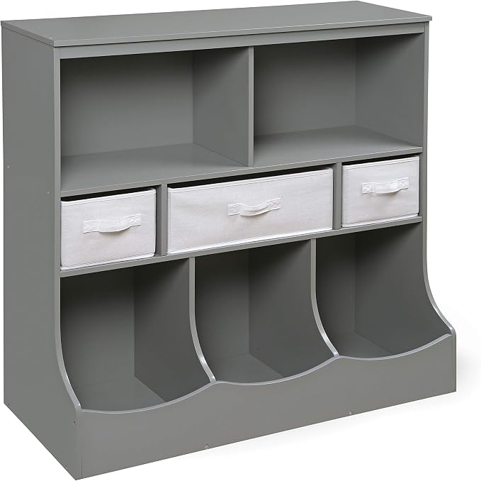 Badger Basket Combo Toy Storage Organizer and Bookshelf - Kids Storage Unit with 3 Removable Baskets, Open Shelves, Top Display Surface - Gray Cloud by BadgerBasket