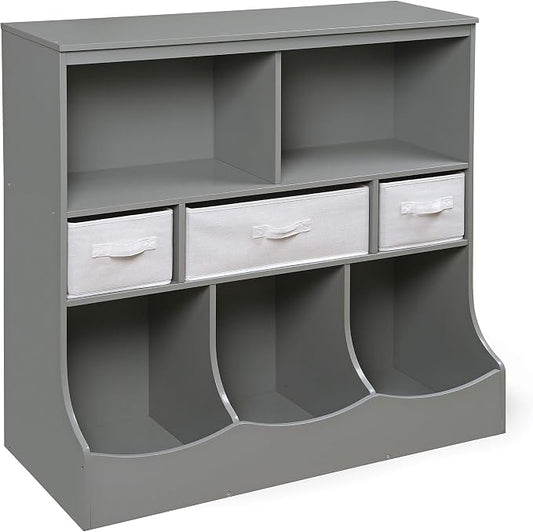 Badger Basket Combo Toy Storage Organizer and Bookshelf - Kids Storage Unit with 3 Removable Baskets, Open Shelves, Top Display Surface - Gray Cloud by BadgerBasket