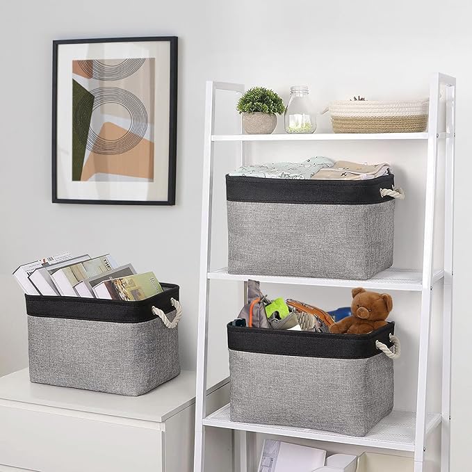 Storage Basket for Organizing - 16x12x12 inch Cube Storage bin 3 Pack Fabric Storage Cubes, Collapsible Storage Box for Organizer Cloth Gift Toy Closet (Black & Grey) - Image 3