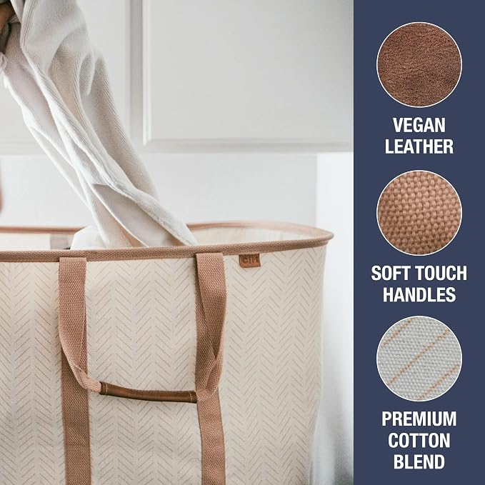 CleverMade Collapsible Fabric Laundry Hamper Premium, Mocha, 2 Pack | Upgrade Visible Laundry Storage | Refined Fabric and Vegan Leather Suit Open Rooms, While Structured Frame Carries 2 Loads - Image 6