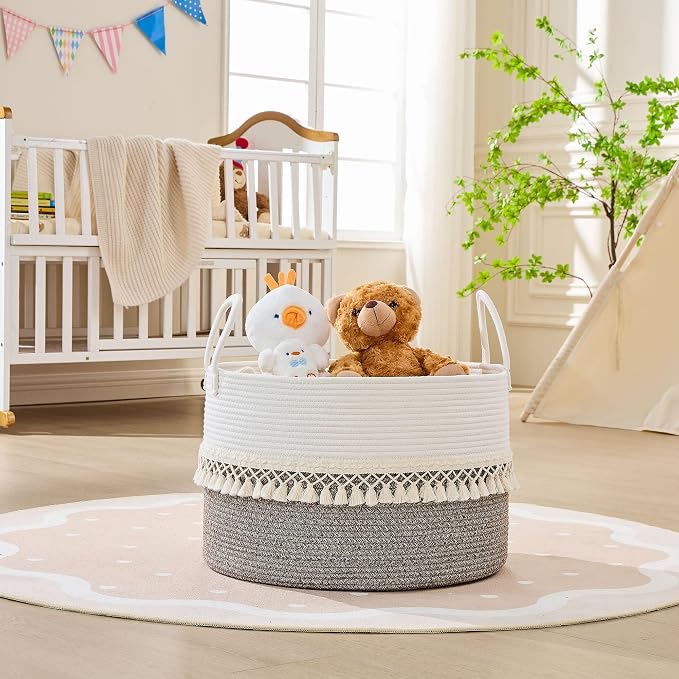 KAKAMAY Large Blanket Basket with Handles, Storage Basket for Living Room | Extra Large Capacity | Natural Cotton Rope | Blanket Storage | Woven Storage Basket | Stuffed Animal Storage | Laundry Basket - Image 6