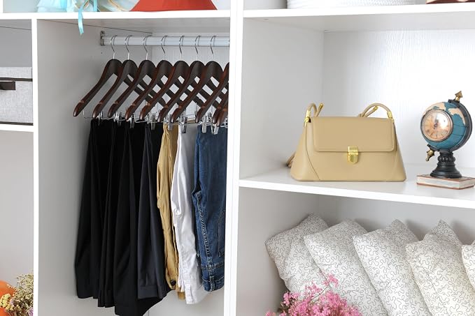 Quality Wooden Skirt Hangers with Clips Smooth Solid Wood Pants Hangers with Durable Adjustable Metal Clips, Swivel Hook, Coat, Jacket, Blouse Suit Hangers (Walnut - Chrome Hook, 20) - Image 4