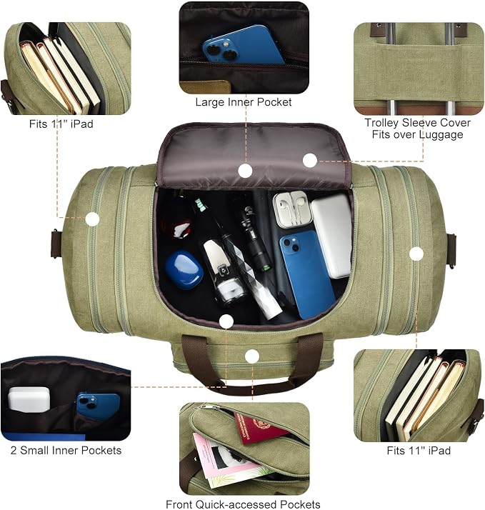 Litvyak 50L Canvas Duffle Bag for Travel Weekender Gym Overnight Carry-on | Expandable, Eco Certified, Leather Accents, Toiletry Bag Inclued, Travel Weekend Luggage Sports Duffel Bag for Women Men - Image 4