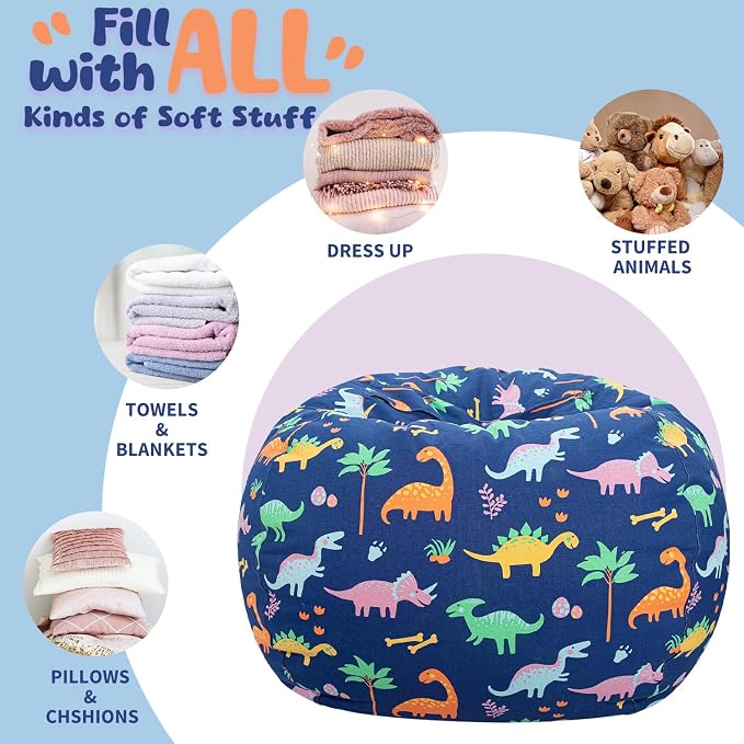 WEKAPO Stuffed Animal Storage Bean Bag Chair Cover for Kids | Stuffable Zipper Beanbag for Organizing Children Plush Toys Large Premium Cotton Canvas (Dinosaur, XX-Large) - Image 5