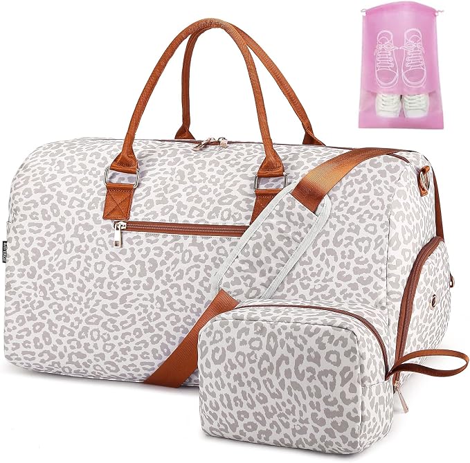 Duffle Bag for Travel, Weekender Bag with Shoe Compartment, Carry On Overnight Bag for Women with Toiletry Bag, Gym Bag with Wet Pocket, Hospital Bags for Labor and Delivery Beige by BAVERGE
