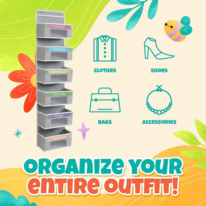Kids' Weekly Clothes Organizer, Days of the Week, Daily Outfit Storage, Monday to Friday, School, Hanging, Over Door by Houseables | Houseables Days of the Week Clothes Organizer, Kids Closet, Monday through Friday Clothing, Weekday, M-F, School, Hanging - Image 6