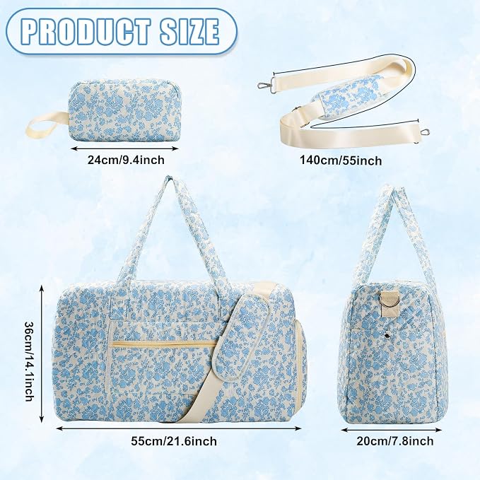 Quilted Floral Duffel Bag 2 Pack Weekender with Shoe Compartment | Women’s Overnight Hospital Bag for Labor Delivery, Travel Carry On Duffel with Toiletry Pouch for Gym & Weekend Getaway - Image 6