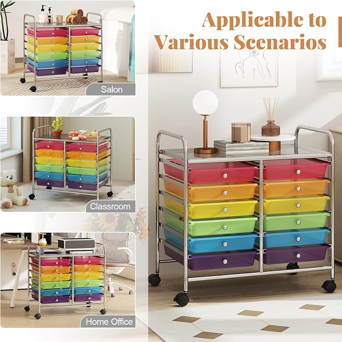 RELAX4LIFE 12-Drawer Rolling Storage Cart - Mobile Utility Cart on Wheels for School Classroom Teacher Office Salon, Paper File Art Supply Craft Organizer, Rolling Cart with Drawers (Rainbow) - Image 7