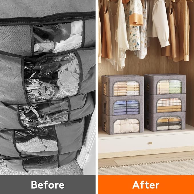 Lifewit Clothes Storage Bins with Metal Frame, Stackable Storage Box, Foldable Clothing Storage Bins with Lids, 25L Storage Bags Fabric Box Organizer with Clear Window＆ Zippers＆ Sturdy Handles 6 Pack - Image 8