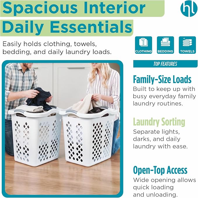 Home Logic 2 Bushel Plastic Laundry Basket Lamper, Large Laundry Hamper with Handles, Ventilated Clothes Organizer for Bedroom Bathroom Closet, 6 Pack, White - Image 5