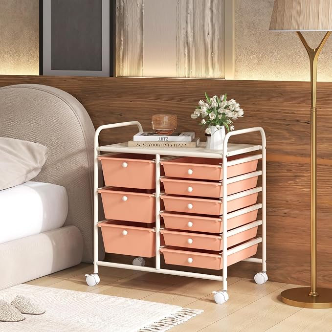 RELAX4LIFE 9 Drawer Rolling Storage Cart - Mobile Drawer Carts for Craft Art Supply Paper Salon, Utility Cart on Wheels for Classroom Teacher School Office, Rolling Cart with Drawers (Pink) - Image 2