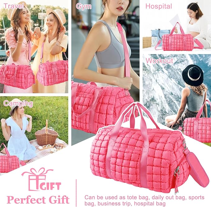 Quilted Travel Duffle Bag Gym Bag for Women,Large Puffer Duffle Weekender Bag with Compartment,Workout Overnight Carry on Organizer Bag Duffle Bag for Airplane Travel(L-Pink) - Image 6