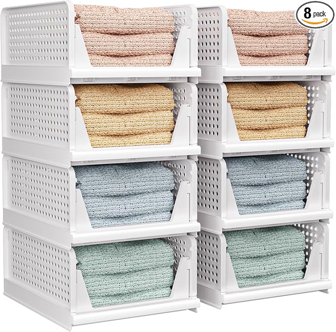 CTSNSLH 8 Pack Closet Organizers Stackable Storage Box | White stackable plastic drawer bins for closets, wardrobes, kitchens, bathrooms, offices by CTSNSLH