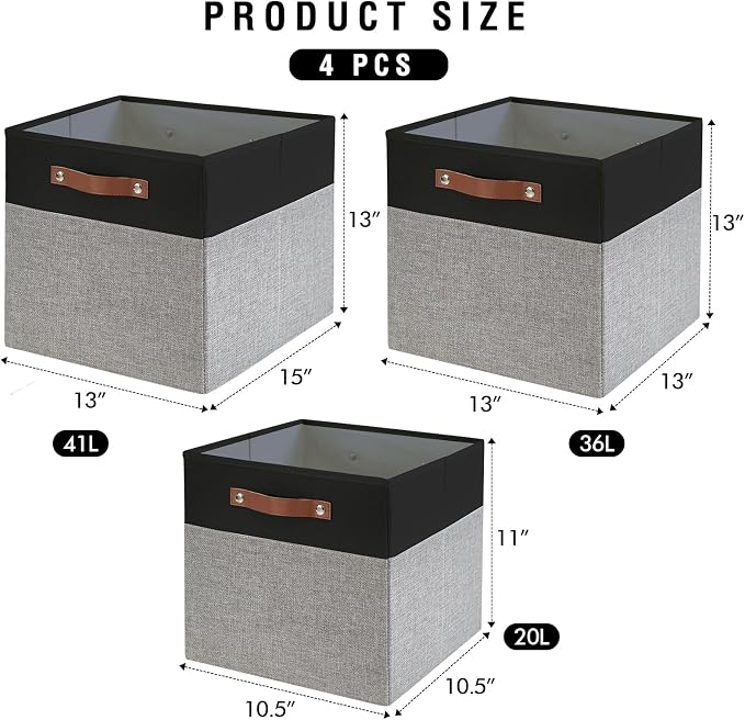 13x15x13 Storage Cube Bins, Foldable Storage Organizer Baskets, Fabric Cube Storage Boxes with 2 Reinforced PU Handles for Kallax, Shelves, Living Room | 4 Pack, Black & Gray - Image 3