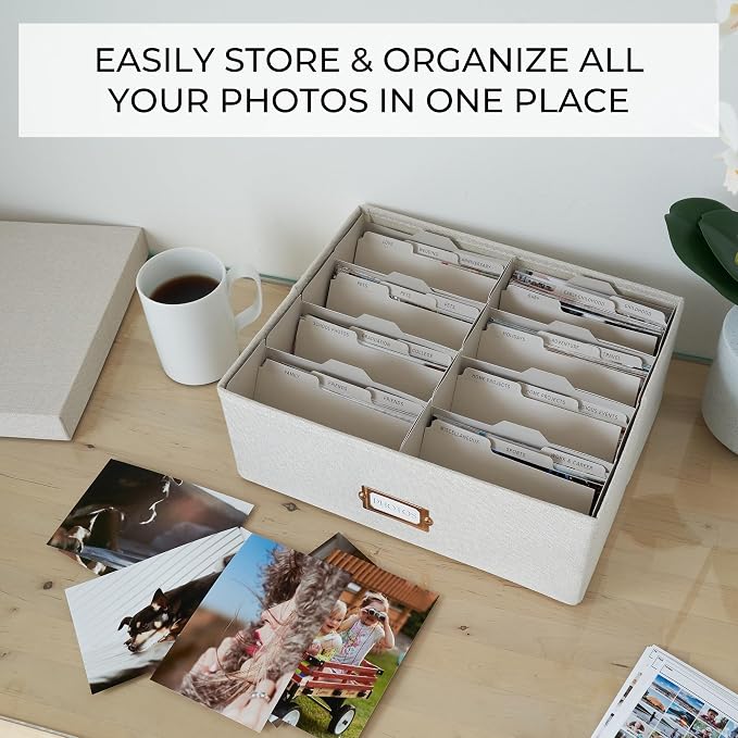 Decorative Photo Storage Box - Sturdy Linen Organizer Holds 1700 Photos | Organizer with Dividers Stores Up to 1700 4x6 Pictures - Portable Scrapbook Storage Containers with Lid - Image 2