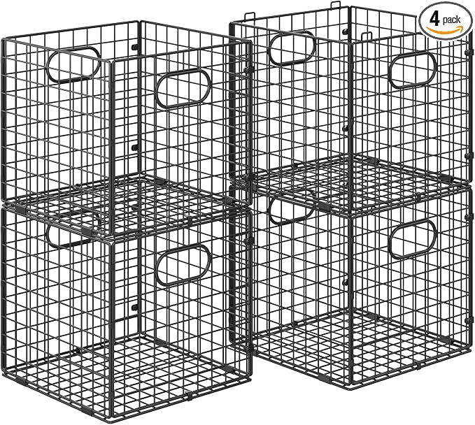 Cidaziya 4-Pack Metal Storage Crates, 32QT Stackable Collapsible Storage Bins with Handles, Black Heavy Duty Milk Crates for storage, Car, Garage, Home, Camping, Office by Cidaziya