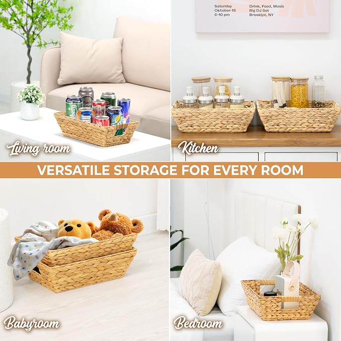 M4DECOR 6-Pack Water Hyacinth Trapezoid Wicker Storage Baskets, 14" | Handwoven natural bins with handles for snacks, pantry, kitchen, closet & shelf organization - Image 3