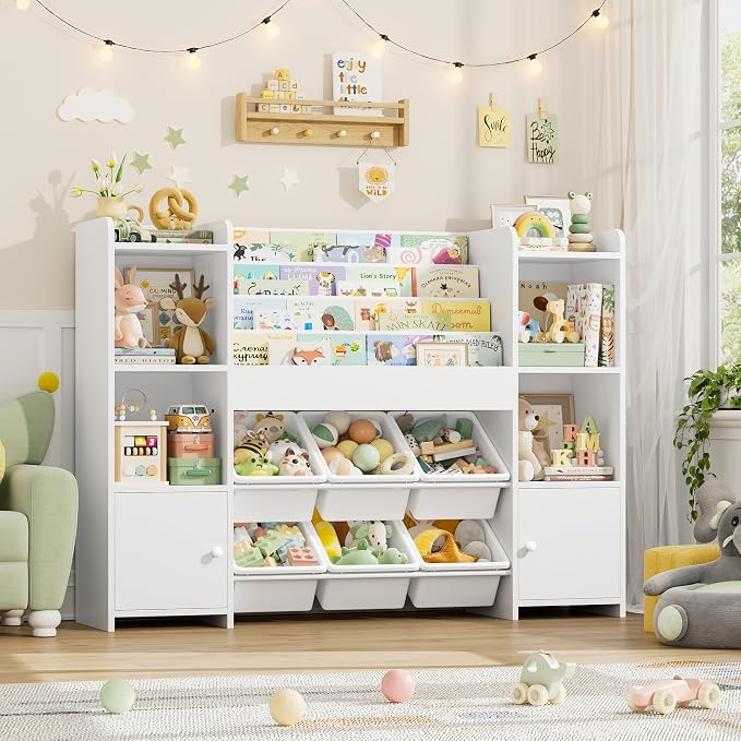 Toy Storage Organizer with 6 Toy Bins & 4 Tier Kids Bookshelf | Toy Organizer with 6 Cubbies, Kids Toy Organizers and Toy Storage with Bins, Playroom Storage and Toy Chest, White - Image 5