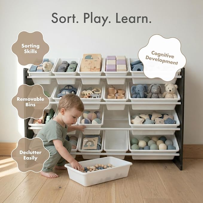 Humble Crew Kids Toy Organizer with 20 Bins, 4 Tier Storage for Playroom | Sturdy wood and steel toddler shelf, removable BPA-free containers, wall anchor anti-tip safety kit for bedroom or classroom - Image 5