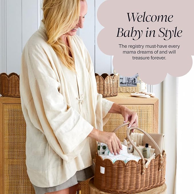 BEBE BASK Premium Baby Diaper Caddy Organizer - Scalloped Rattan Basket | Handmade & Award-Winning, Elegant Scalloped Edge, Newborn Essentials, Nursery Basket, Removable Divider, Baby Shower (Mocca) - Image 6