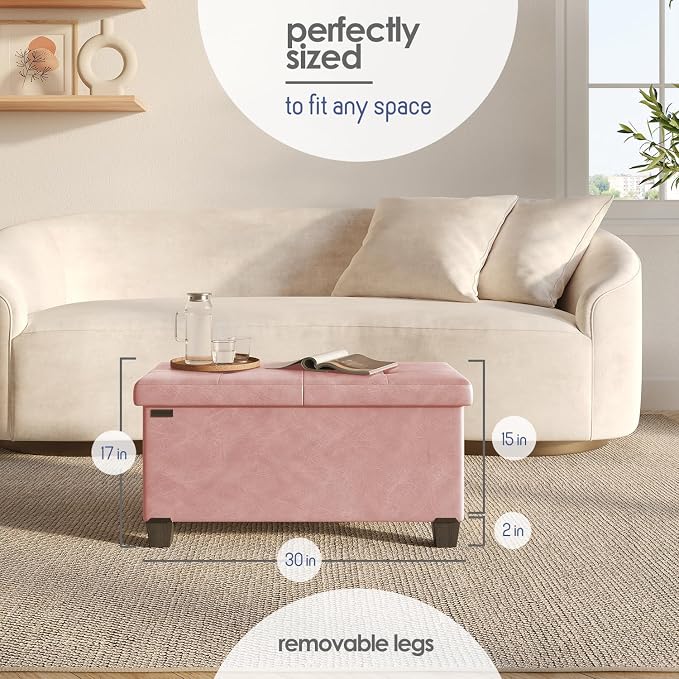 Storage Ottoman Bench with Bins, 30-in Storage Bench for Bedroom End of Bed, Folding Foot Rest Ottoman for Living Room Max 660lbs, Leather Ottomans, Pink - Image 8