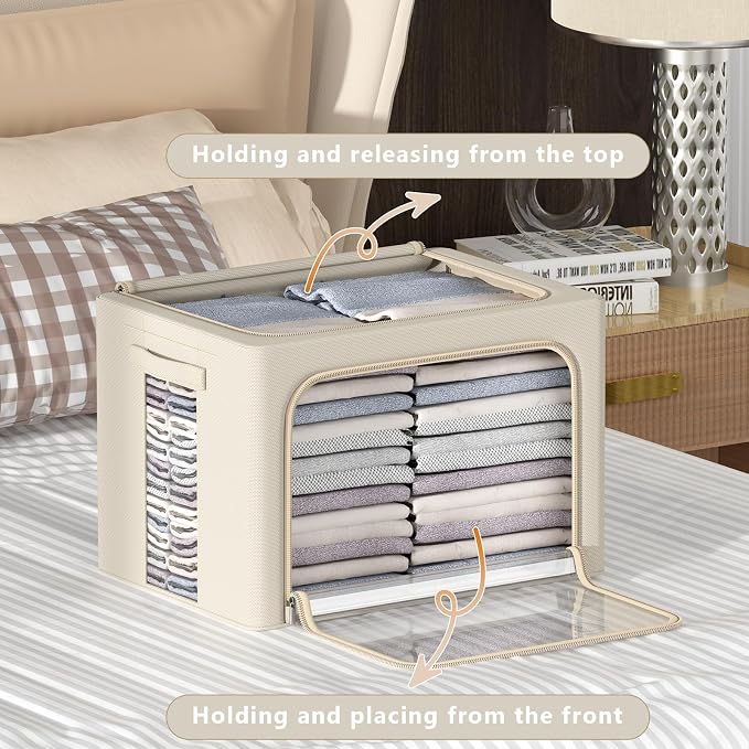 CYhom 3Pack Frame Storage Box - Clothes Storage Bin Bags Oxford Fabric Foldable Stackable Container Organizer Set with Clear Window & Carry Handles Large Capacity (Beige, Extra Large-100L) - Image 2