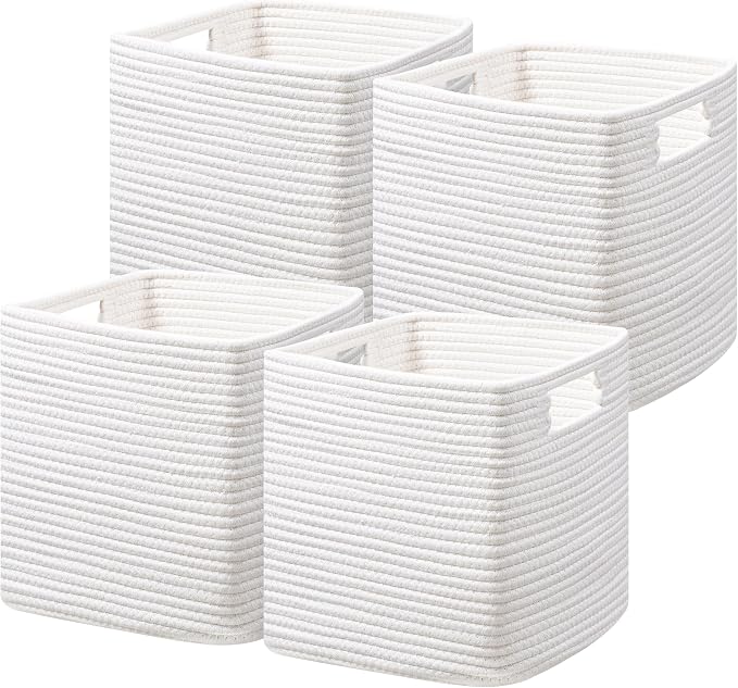 UBBCARE Storage Cubes 11 Inch, Cotton Rope Woven Baskets for Organizing, Cube Storage Bin for Baby Nursery, 4-Pack Square Toy Storage Baskets for Shleves Organizer, Closet, Kidsroom, White by UBBCARE