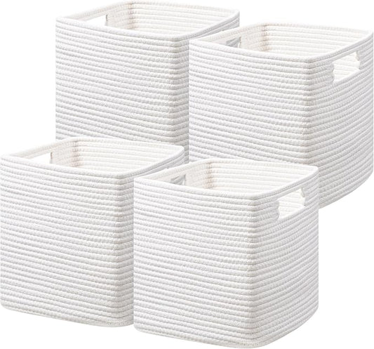 UBBCARE Storage Cubes 11 Inch, Cotton Rope Woven Baskets for Organizing, Cube Storage Bin for Baby Nursery, 4-Pack Square Toy Storage Baskets for Shleves Organizer, Closet, Kidsroom, White by UBBCARE