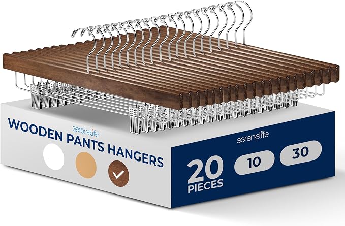 SereneLife 20 Pack Wooden Pants Hangers with 2 Adjustable Clips, 14 Inch Wood Skirt Hangers, Trousers Bottom Hanger with Non-Slip Clips and 360° Swivel Hook, Heavy Duty & Anti Slip (Brown) by SereneLife