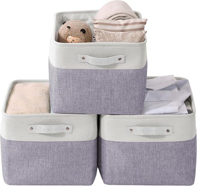 DECOMOMO Storage Bins, Large Fabric Storage Baskets for Shelves 3 Pack | 15 x 11 x 9.5 inches Decorative Linen Closet Organizers (Purple & White) by DECOMOMO