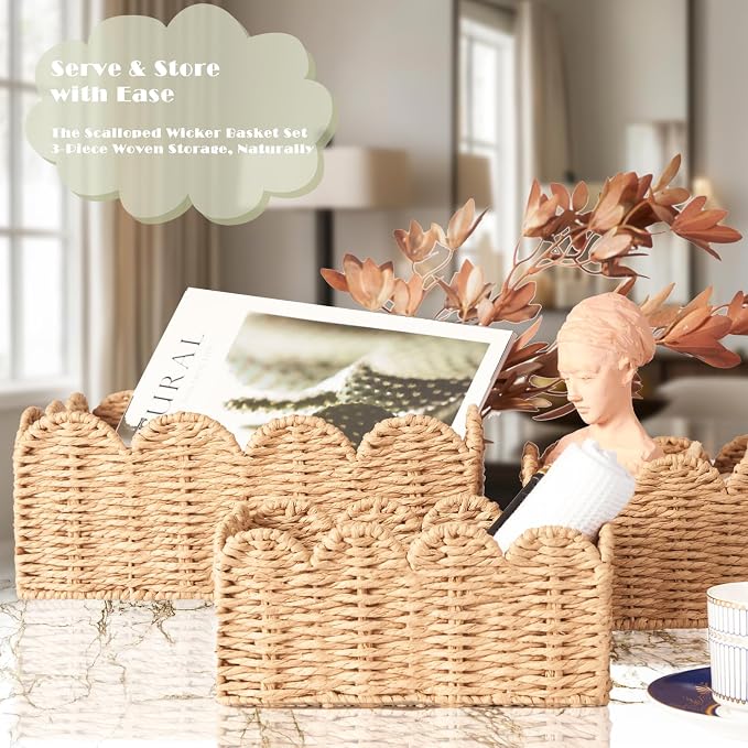 Scalloped Wicker Baskets Set of 3, Hand-Woven Storage with Handles | set of 3 tan scalloped baskets with handles. Hand-woven paper rope for shelves, bathroom or closet. Stackable, sturdy. - Image 2