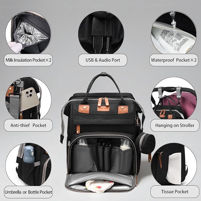 Diaper Bag Backpack with Changing Station, Waterproof for Travel, Black - Image 4