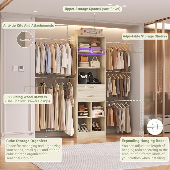 Besiost Closet System, 4-8 FT Closet Organizer Tower with 2 Wooden Drawers and Shelves, Can Fit 60 to 96 inch Walk-in Closet System with 5 Hang Rods, Built-in, Greige Oak - Image 4