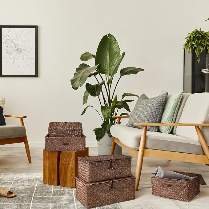 Woanger Set of 4 Wicker Baskets with Lids, Nautral Seagrass Storage Baskets, Woven Rectangular Basket Bins, Rattan Storage Organizer for Shelf Closet Bedroom(Coffee) - Image 5