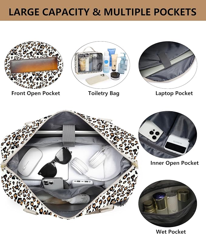 Travel Overnight Bag Weekender Bags: Large Duffle Bag Women with Shoe Compartment Carry on Overnight Bags with Toiletry Bag Gym Duffel Bag with Wet Pocket Hospital Bags for Labor and Delivery Leopard - Image 3