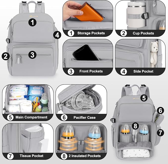 IBVIVIC Diaper Bag Backpack with Portable Changing Pad, Soft Gray | Multifunctional Baby Bag for Mom Dad, Large Capacity, Stroller Straps, Insulated Bottle Pockets & Pacifier Case - Image 6