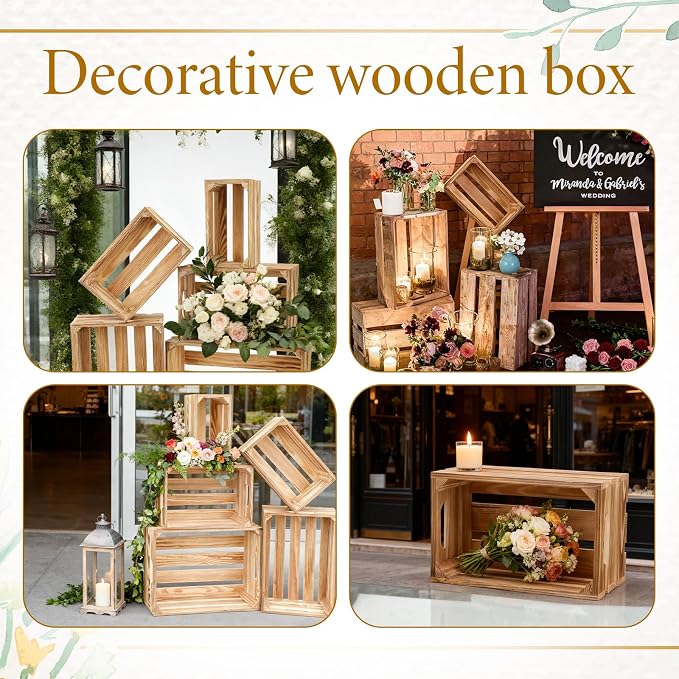 5 Pcs Decorative Nesting Wooden Crates for Storage Display Rustic, Large Torched Wood Storage Crates, Large Farmhouse Wooden Basket with Handle for Storages Container and Decorations, 5 Size - Image 6