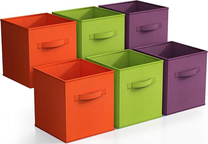 Sorbus Storage Cubes - 11" Foldable Storage Bins with Handle for Nursery, Playroom, Closet Organizers and Storage - 6 Fabric Shelf Basket for Toys, Books, Clothes - Purple Green & Orange Storage Bin by Sorbus