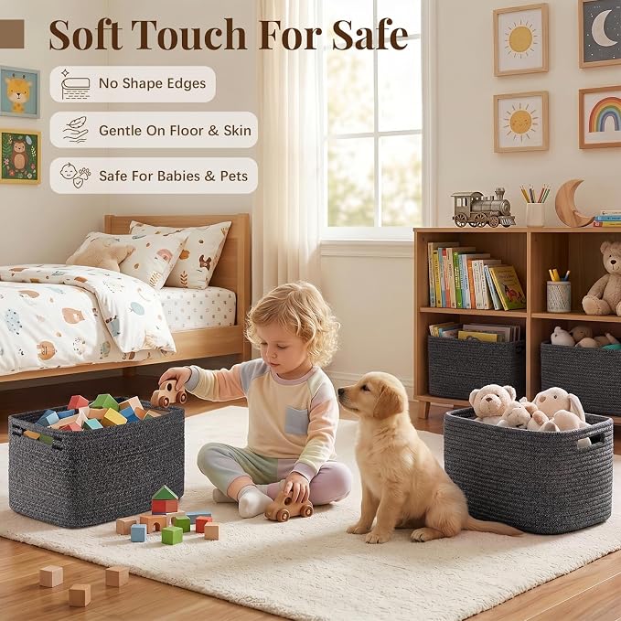 OIASKET 4Packs Natural Cotton Rope Storage Baskets for Organizing Toys, Clothes, Towels & Books, Soft Versatile Organizers for Shelves, Home Decorative Bins, 13''Lx9''Wx7.8''H, Black and White - Image 4