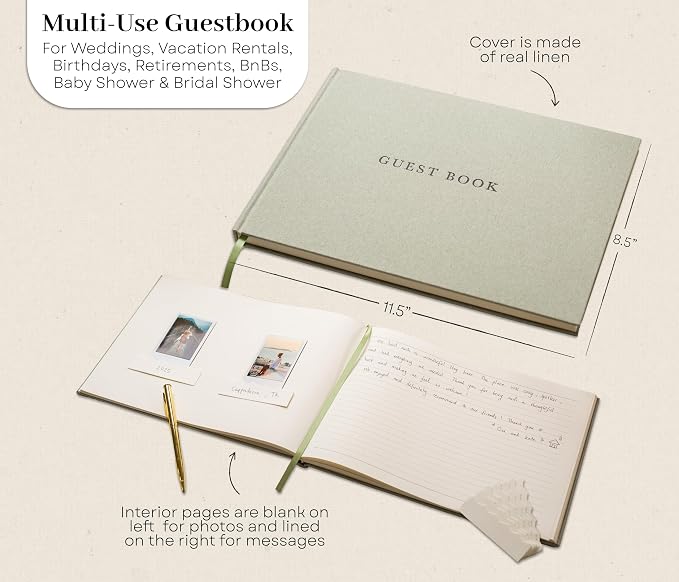 Real Linen Guest Book Set - 11.5 x 8.5 Embossed Guestbook for Weddings, Showers, Events, Blank & Lined, Comes with Sign, Pen, Box and Photo Sleeves, 120 Pages (Leaf) - Image 5