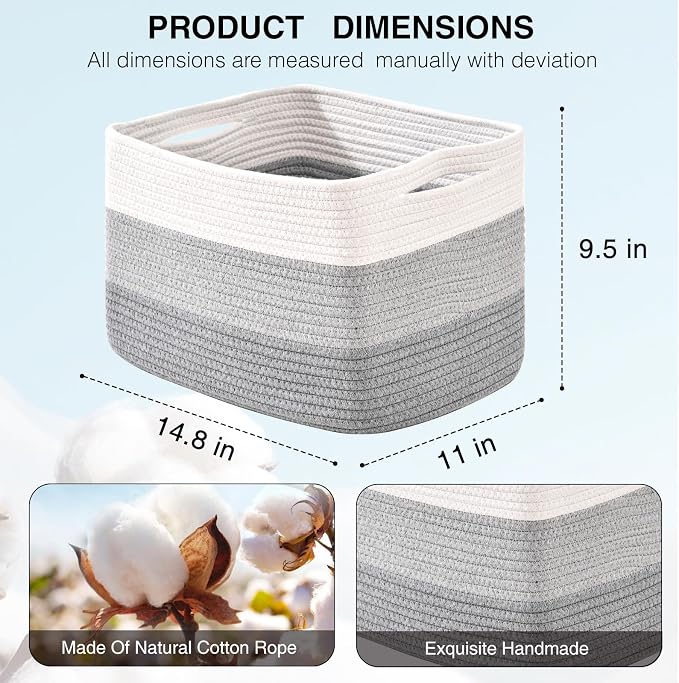 Storage Baskets for Organizing Shelves, Woven Cotton Rope Basket for Storage, Dog Toy Baskets Storage Kids, Book Bins for Living Room Bedroom, 14.8"×11"×9.5", Pack of 3, Gradient Grey - Image 2